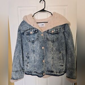 Fashion Nova Blue Acid-Wash Denim Jacket with Cream Faux Fur Hood